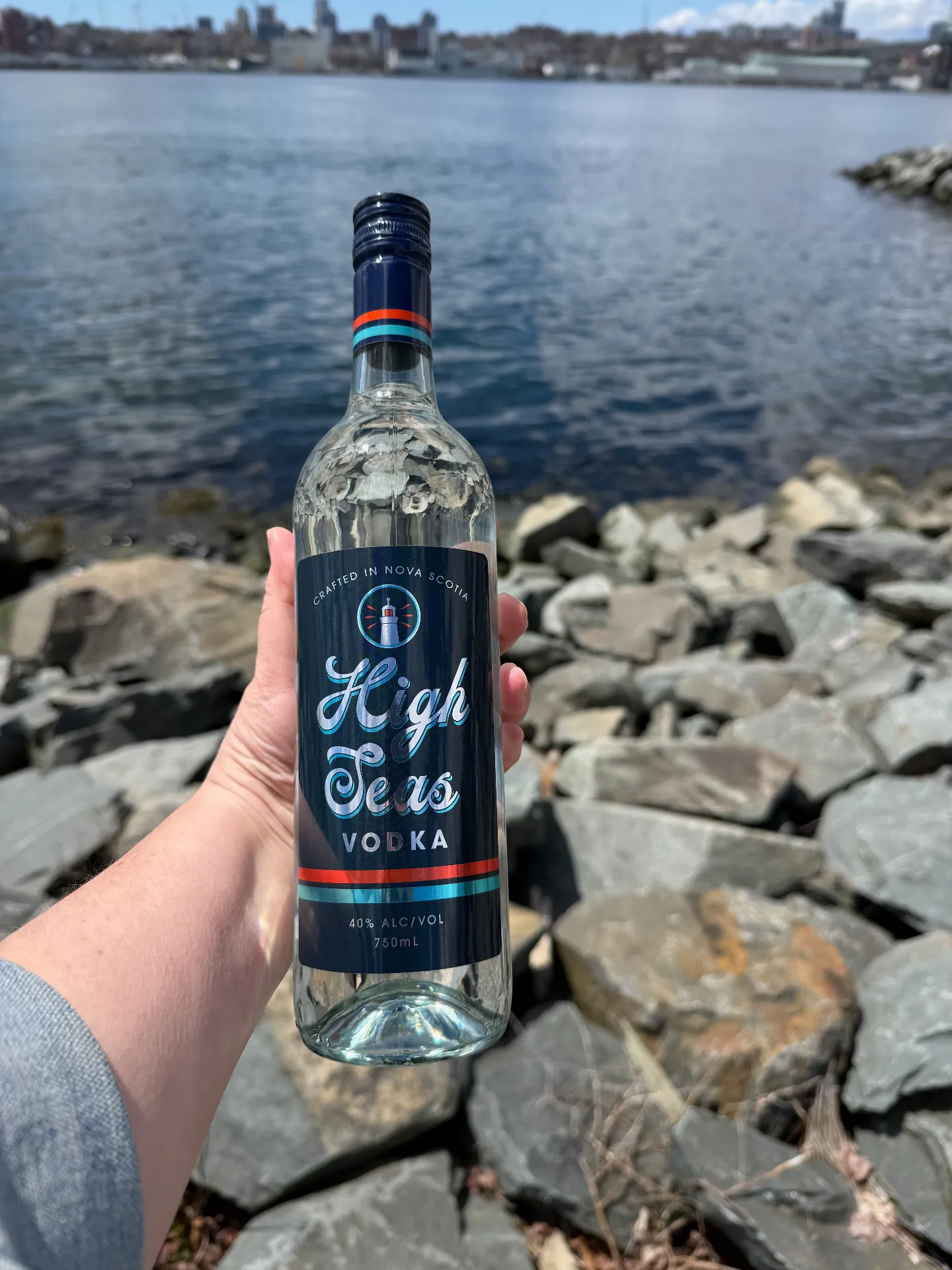 High Seas Vodka bottle by the harbour